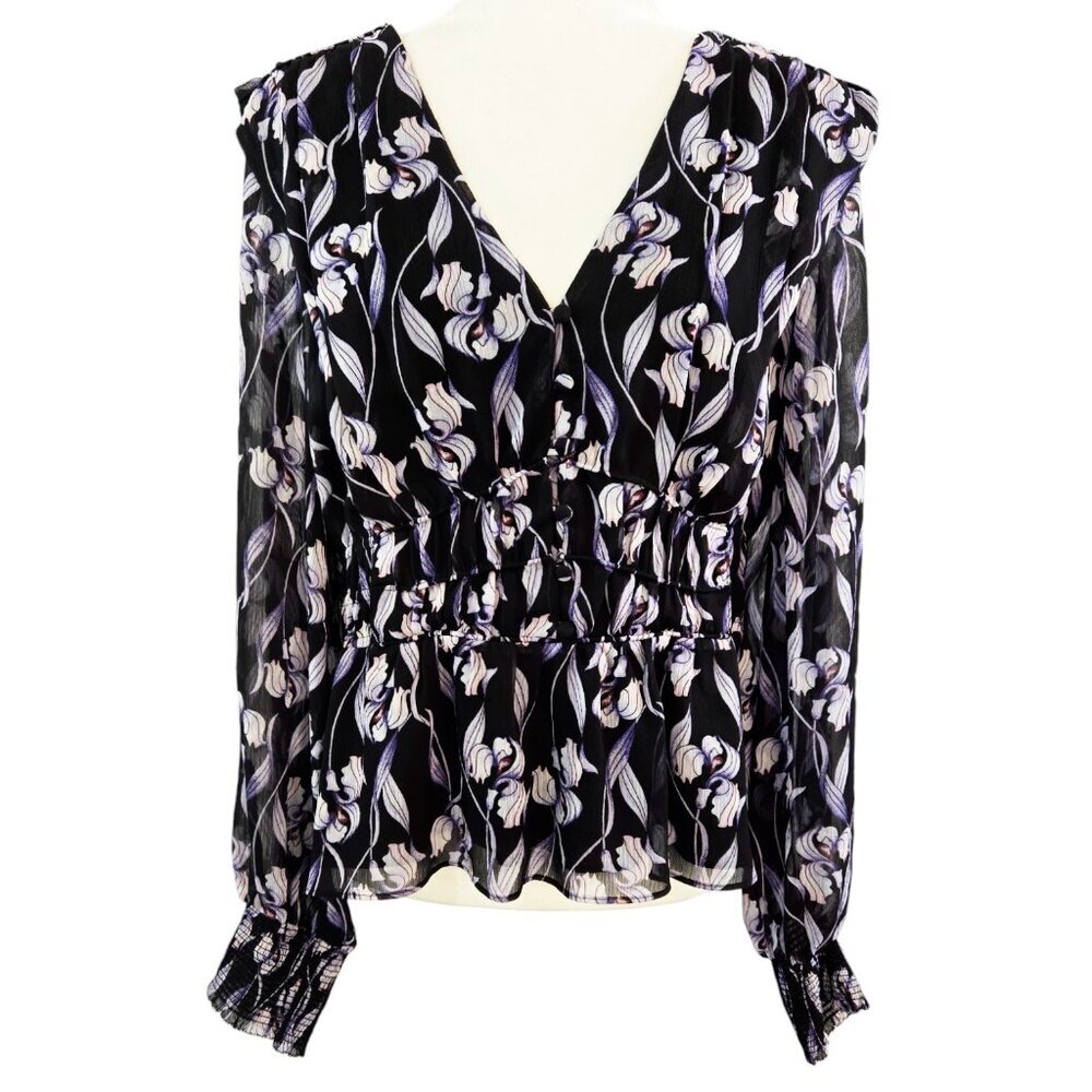 White House Black Market Black Floral V-Neck Peplum Blouse